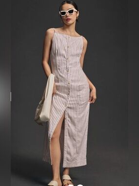 Maeve  Anthropologie The Colette Midi Dress: Linen XS front pockets buttons line